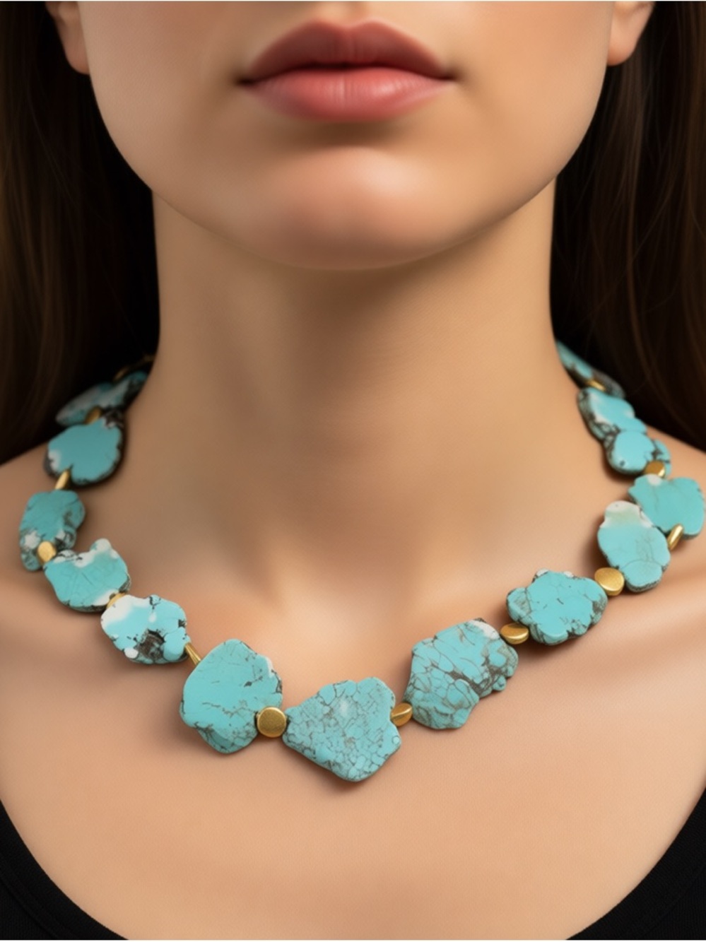 Chunky Turquoise Slab Statement Necklace Boho Southwest Free Form Blue Stone 18”